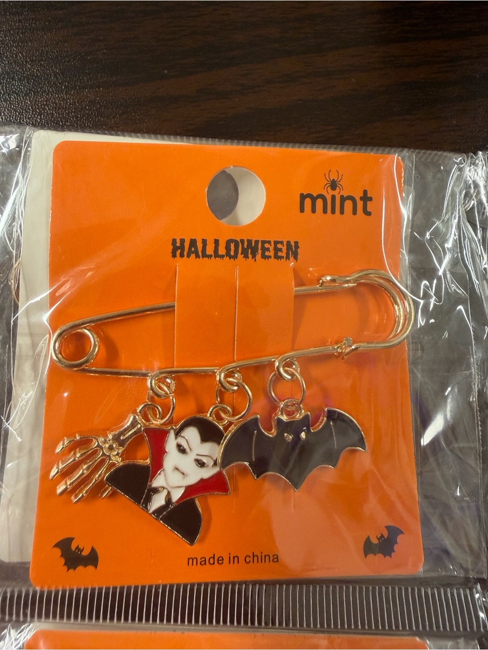 Mint Halloween Vampire and Bat Safety Pin Brooch- Orange/Black/White